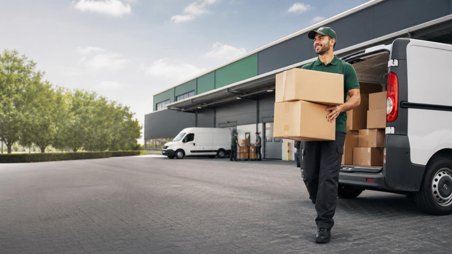 Courier carrying packages beside a delivery van